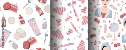 Seamless pattern with skin care products. A set of backgrounds with beauty products, creams, gua sha, etc. Skin and body care.