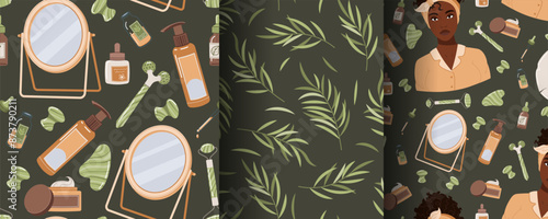 Seamless pattern with skin care products. A set of backgrounds with beauty products, creams, gua sha, etc. Skin and body care