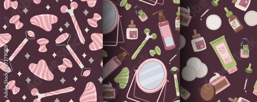 Seamless pattern with skin care products. A set of backgrounds with beauty products, creams, gua sha, etc. Skin and body care.