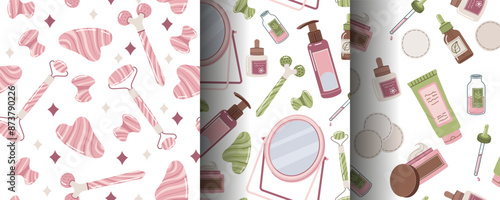 Seamless pattern with skin care products. A set of backgrounds with beauty products, creams, gua sha, etc. Skin and body care.