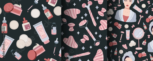 Seamless pattern with skin care products. A set of backgrounds with beauty products, creams, gua sha, etc. Skin and body care.