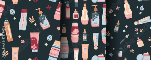 Seamless pattern with skin care products. Set of backgrounds with beauty products, creams, gels, etc. Skin and body care