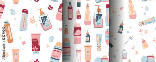 Seamless pattern with skin care products. Set of backgrounds with beauty products, creams, gels, etc. Skin and body care