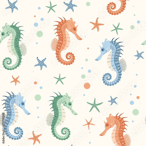 Seamless pattern with cartoon doodle seahorse. Background with sea animal in flat style. Suitable for decoration, design, stickers