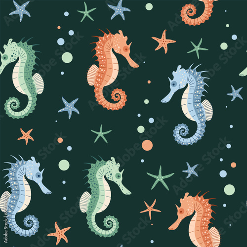 Seamless pattern with cartoon doodle seahorse. Background with sea animal in flat style. Suitable for decoration, design, stickers