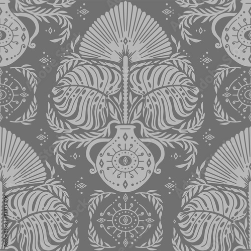 Seamless gray Damask pattern with tropical motifs. Floral abstract repeat monochrome background.