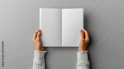 Female hands holding blank magazine gray background design template. Mockup image photo