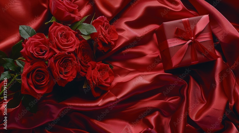 Red Roses and a Gift on Silk Fabric Red Roses and a Gift on Silk Fabric