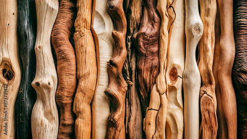 A row of wooden sticks of different lengths and diameters, arranged in a straight line against a light background.
