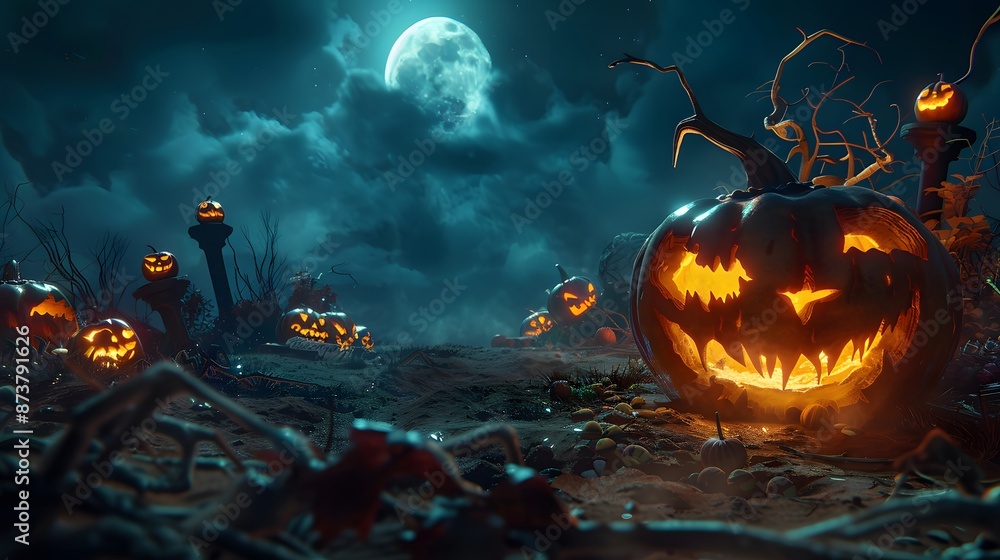 Fototapeta premium night hallowen scene with blue cloud and scary pumpkin background