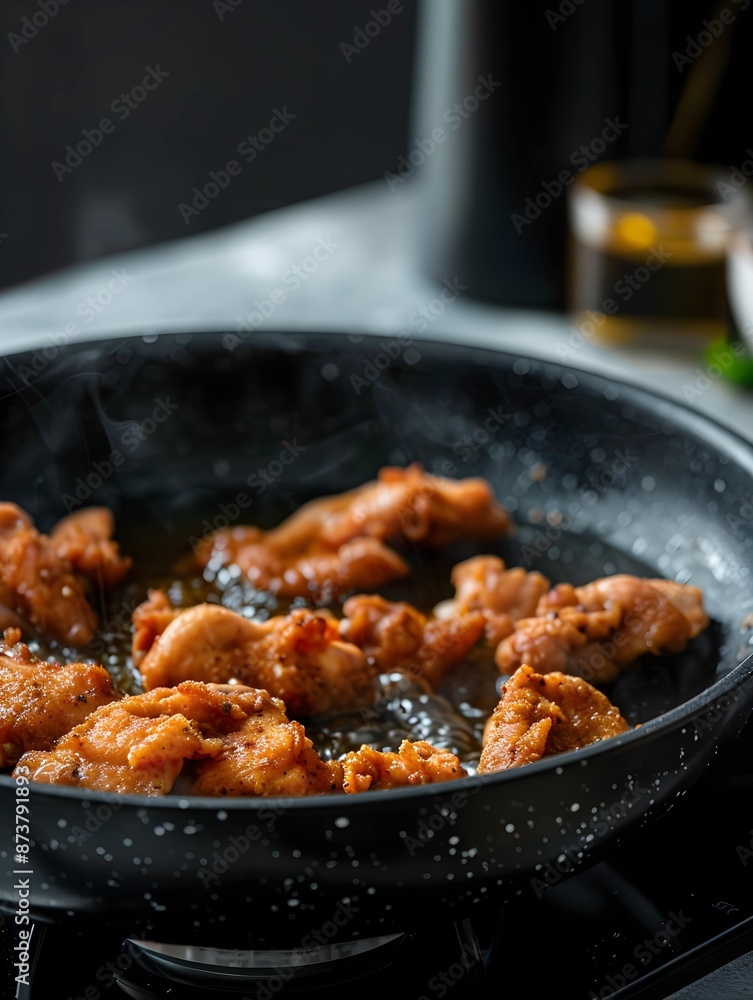 Fried chicken fried in oil in a black frying pan on an electric stove, minimalist background, the appearance of the chicken is crispy and appetizing Fried chicken fried in oil in a black frying pan on an electric stove, minimalist background, the appearance of the chicken is crispy and appetizing