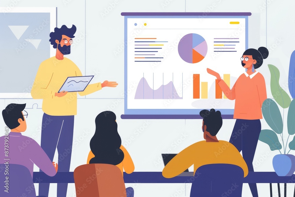 A team discussing a product strategy with charts and presentations. A team discussing a product strategy with charts and presentations.