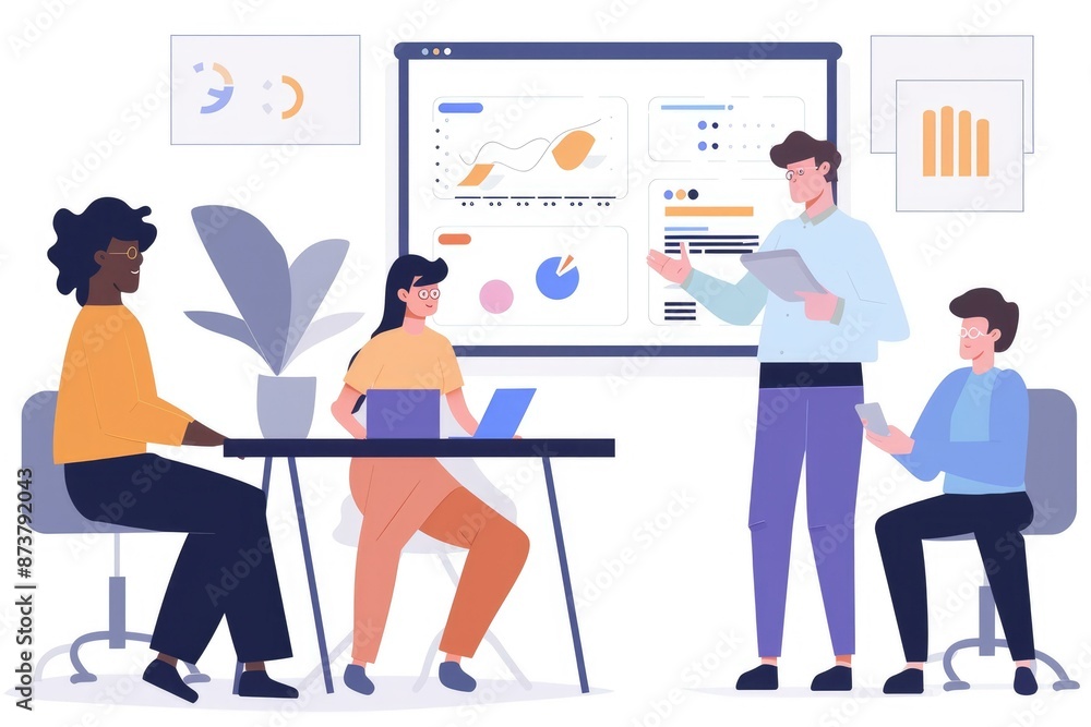 A team discussing a product strategy with charts and presentations. A team discussing a product strategy with charts and presentations.
