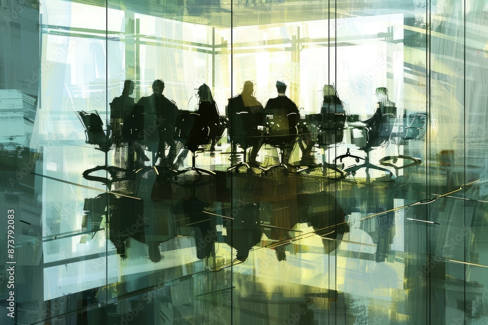 A business meeting conducted in a spacious, glass-walled conference room, showcasing silhouettes of executives engaged in discussions within a sleek, contemporary office setting. A business meeting conducted in a spacious, glass-walled conference room, showcasing silhouettes of executives engaged in discussions within a sleek, contemporary office setting.