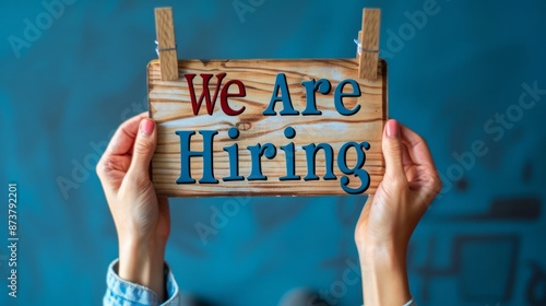Job Vacancy Announcement with Hands Holding Hiring Sign in Blue Background photo