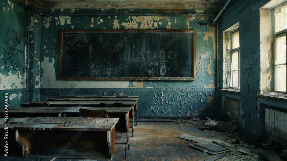 Abandoned Classroom of the Unseen: Eerie Setting with Dusty Desks, Broken Chalkboard, and Ghostly Aura Abandoned Classroom of the Unseen: Eerie Setting with Dusty Desks, Broken Chalkboard, and Ghostly Aura