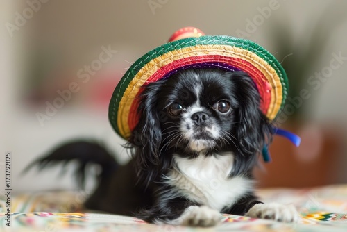 Adorable black and white dog lounging indoors, wearing a vibrant mexican sombrero