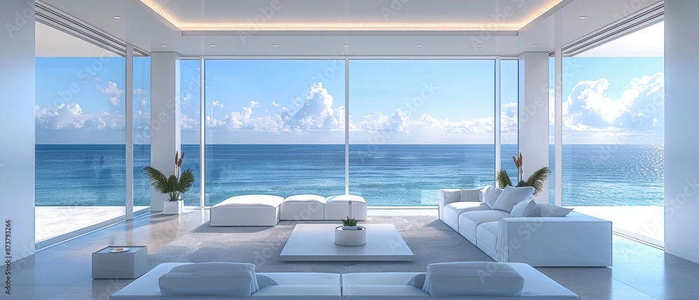 Fototapeta premium Serene Coastal Elegance: Luxurious Minimalist Living Room with Floor-to-Ceiling Windows and Ocean View 