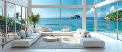 Serene Beachfront Elegance: Luxurious Minimalist Living Room with Modern Furniture and Stunning Ocean View in 3D Rendered 8K Quality © Starkreal