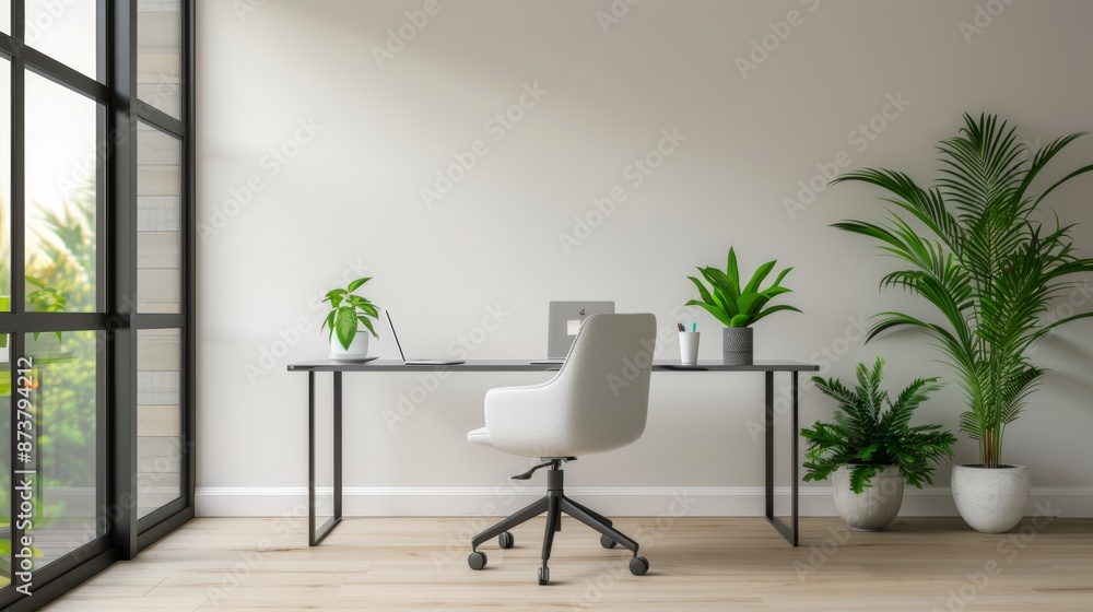 Modern workspace with a sleek glass desk, minimalistic decor, and a comfortable chair, with sunlight streaming through large windows Modern workspace with a sleek glass desk, minimalistic decor, and a comfortable chair, with sunlight streaming through large windows