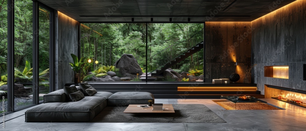 Modern Villa Living Room with Garden View: Moody Atmosphere, Stylish Design, and Sharp Modern Villa Living Room with Garden View: Moody Atmosphere, Stylish Design, and Sharp