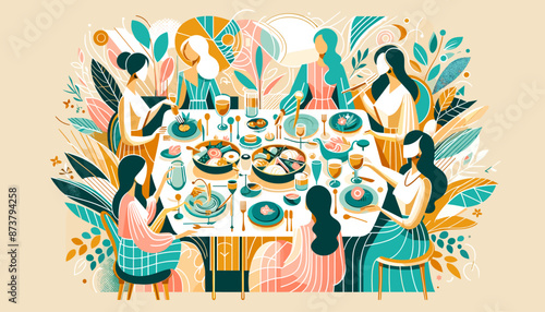 The concept of the image of a girl's lunch. Vector illustration.
