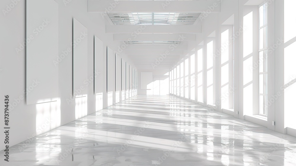 Spacious room dominated by a series of empty white banners, creating a clean, modern look Spacious room dominated by a series of empty white banners, creating a clean, modern look