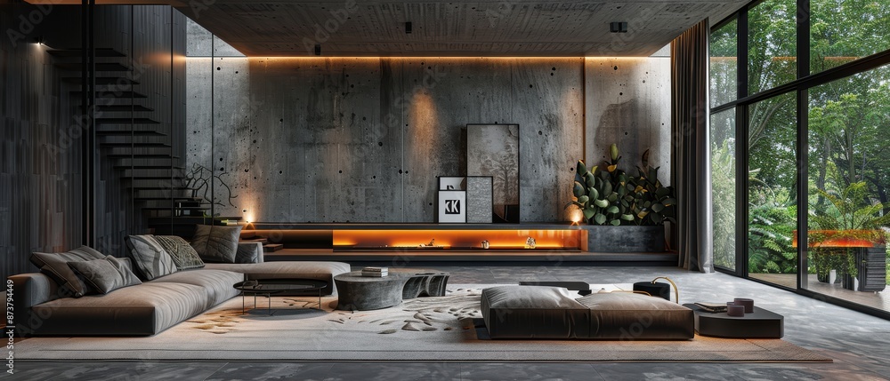 Contemporary Villa Living Room with Garden View, Concrete Walls, and Warm Lighting in Contemporary Villa Living Room with Garden View, Concrete Walls, and Warm Lighting in
