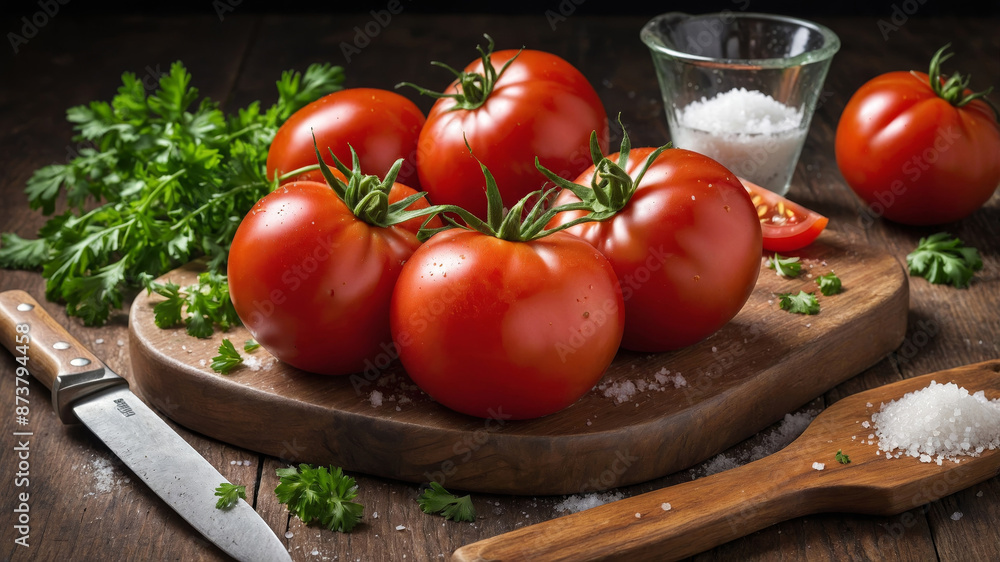 Fresh Tomatoes with Parsley on a Wooden Cutting Board Fresh Tomatoes with Parsley on a Wooden Cutting Board