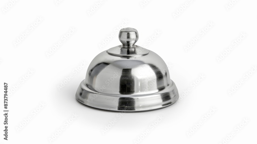Shiny silver service bell, close-up view, isolated on white, emphasizing reflections and surface details Shiny silver service bell, close-up view, isolated on white, emphasizing reflections and surface details