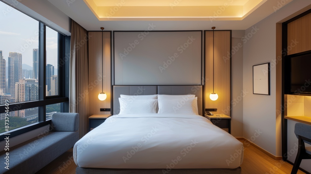 Spacious modern hotel room with panoramic city view, king-size bed, stylish decor, and natural light flooding through large windows, inviting and serene atmosphere Spacious modern hotel room with panoramic city view, king-size bed, stylish decor, and natural light flooding through large windows, inviting and serene atmosphere