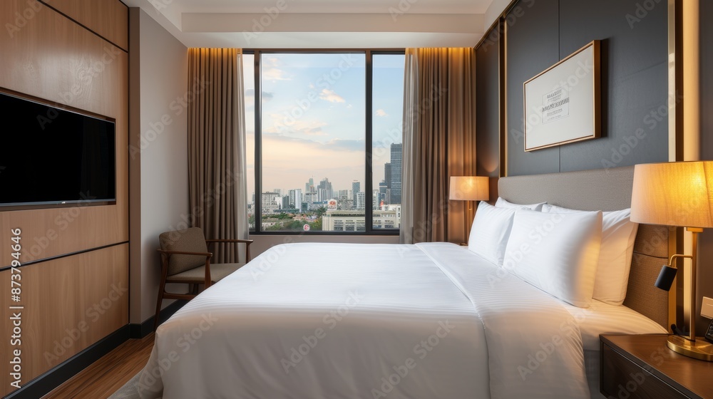 Fototapeta premium Spacious modern hotel room with panoramic city view, king-size bed, stylish decor, and natural light flooding through large windows, inviting and serene atmosphere