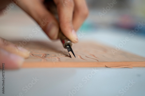 Konstfotografi Close up of rubber / linoleum carving for relief printmaking