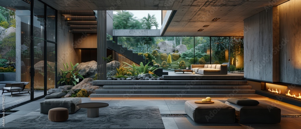 Modern Villa Living Room with Concrete Walls and Dark Vibes, Featuring Stylish Design Elements and Warm Lighting in Sharp Detail Modern Villa Living Room with Concrete Walls and Dark Vibes, Featuring Stylish Design Elements and Warm Lighting in Sharp Detail