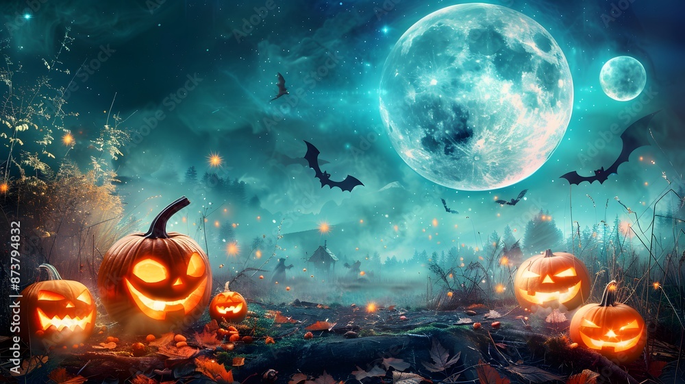 night hallowen scene with blue cloud and scary pumpkin background night hallowen scene with blue cloud and scary pumpkin background