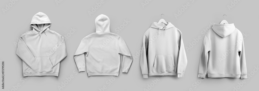 Mockup of White hoodie oversize, presentation on a hanger, unfolded, for design, pattern, branding, front view, back view. Set Mockup of White hoodie oversize, presentation on a hanger, unfolded, for design, pattern, branding, front view, back view. Set