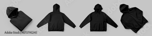 Mockup of black oversized hoodie, presentation of folded, unfolded streetwear diagonally, front, back view, isolated on background. Set