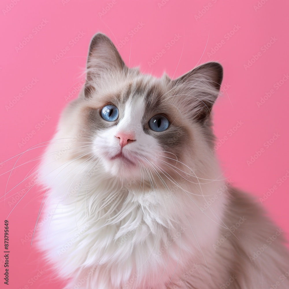 Smiling Ragdoll cat, pure pink background, soft and cheerful Smiling Ragdoll cat, pure pink background, soft and cheerful