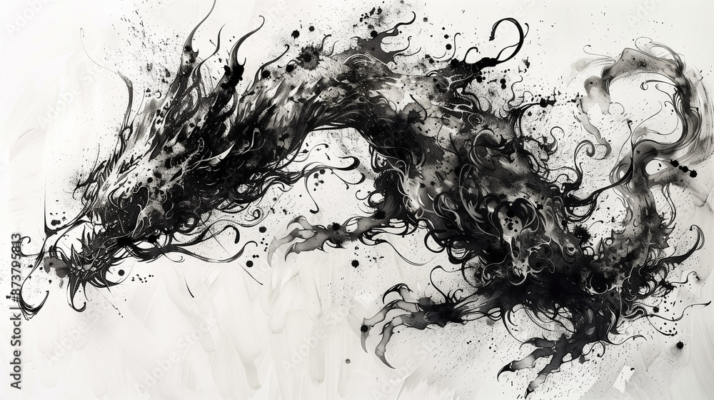 dynamic black ink splatter design depicting an abstract mythical creature with flowing lines and intricate details dynamic black ink splatter design depicting an abstract mythical creature with flowing lines and intricate details