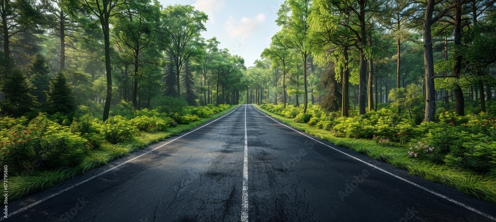 Obraz premium Empty Road Surrounded by Lush Green Forest