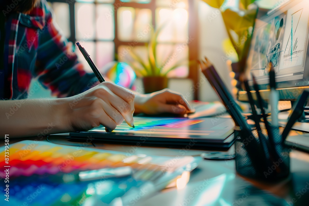 A graphic designer uses a stylus to create art on a tablet A graphic designer uses a stylus to create art on a tablet