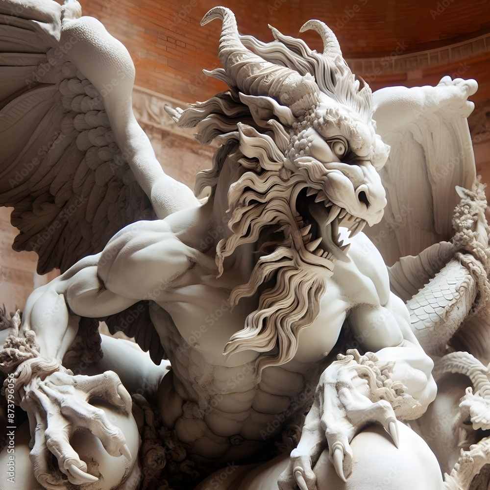 Majestic Marble Dragon Sculpture in Baroque Style Majestic Marble Dragon Sculpture in Baroque Style