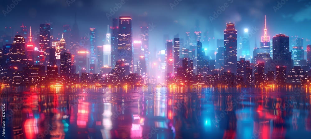 Cityscape with Glowing Skyscrapers Reflecting on Water at Night Cityscape with Glowing Skyscrapers Reflecting on Water at Night