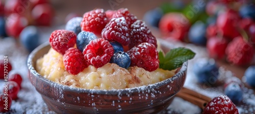 Bowl of Creamy Pudding Topped with Fresh Berries and Mint