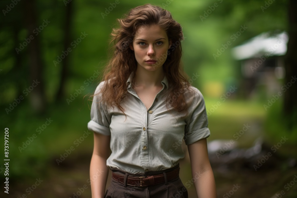 A woman with long brown hair stands in a forest A woman with long brown hair stands in a forest