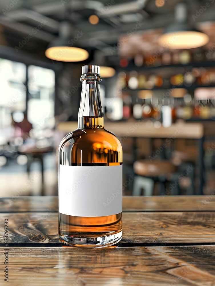 mockup transparent whiskey bottle on wooden table, bottle with blank white label, cafe table background with slight blur mockup transparent whiskey bottle on wooden table, bottle with blank white label, cafe table background with slight blur
