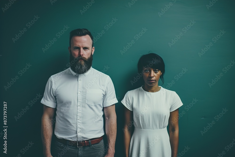 A man and a woman stand in front of a green wall A man and a woman stand in front of a green wall