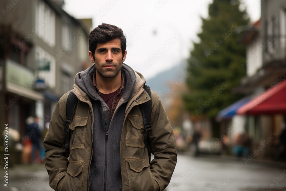 A man wearing a brown jacket and a backpack stands on a wet street A man wearing a brown jacket and a backpack stands on a wet street