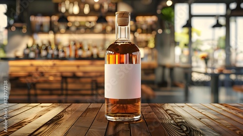 mockup transparent whiskey bottle on wooden table, bottle with blank white label, cafe table background with slight blur