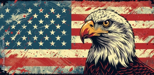 American Bald Eagle Portrait Against A Distressed Flag